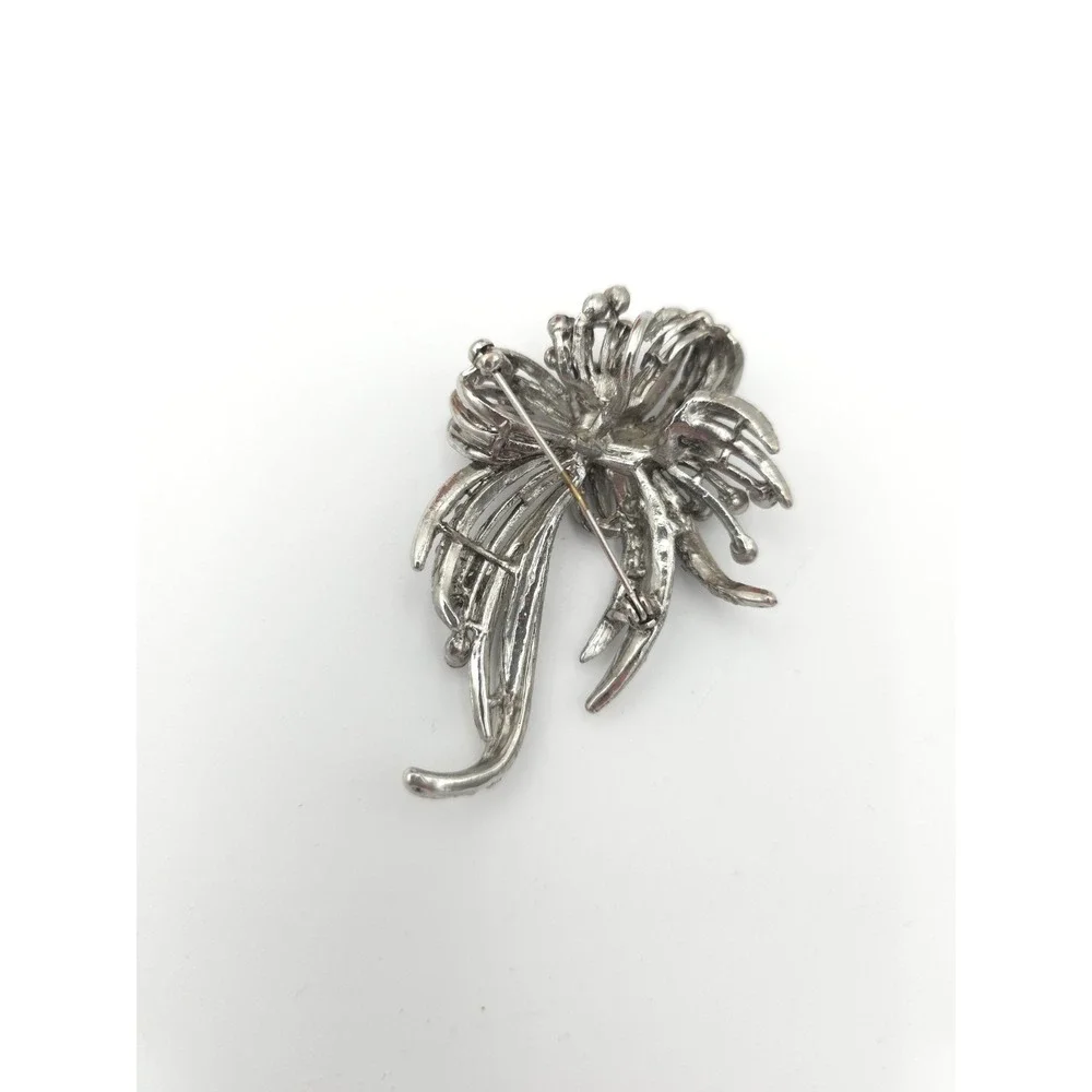 Silver Tone Brooch Blue Rhinestones Bow Ribbon